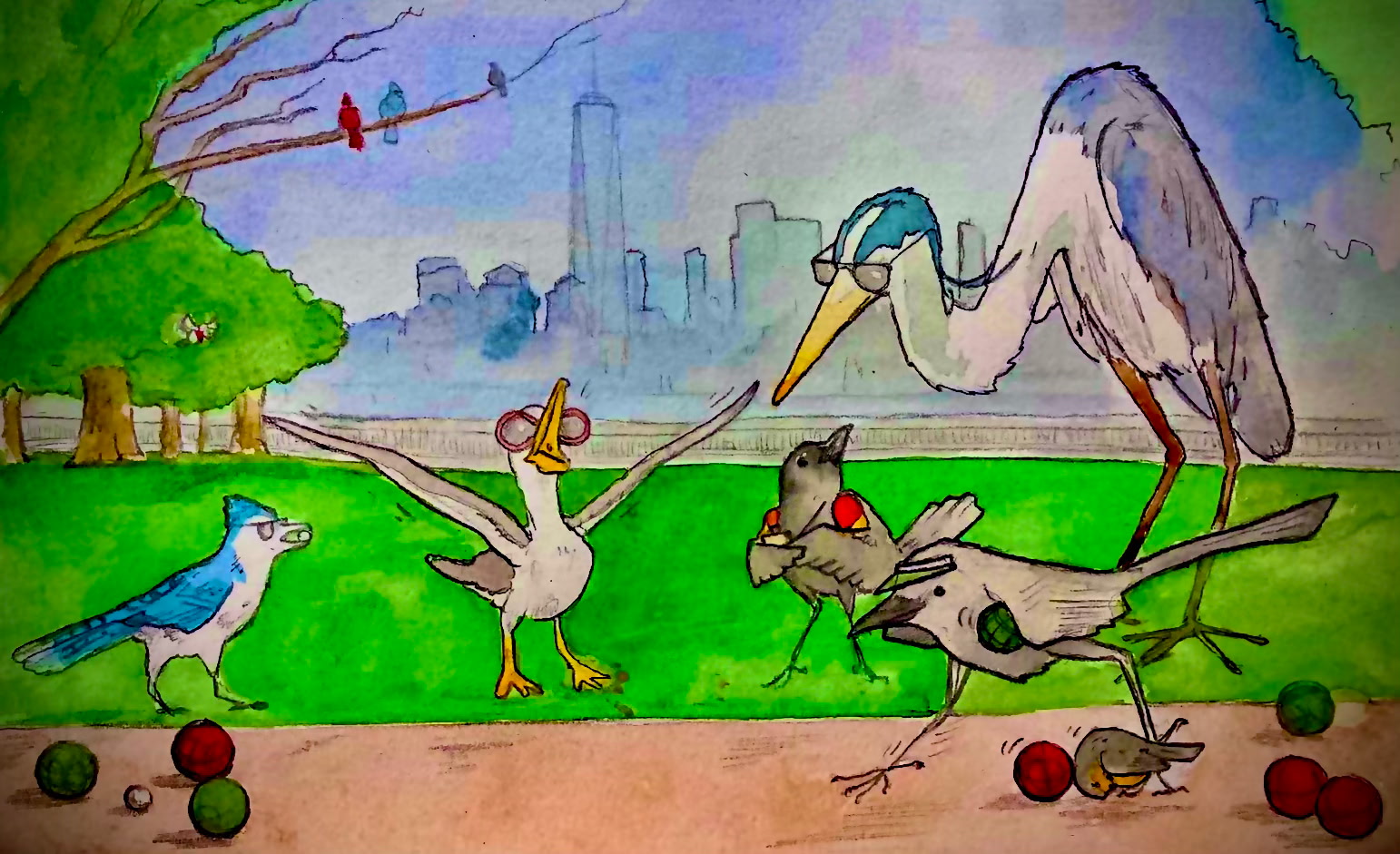 Illustration of birds gathered at the bocce court